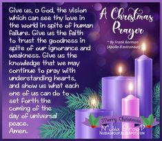 a christmas prayer with candles and holly wreaths on purple background, surrounded by evergreen leaves