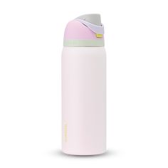 a pink and white insulated water bottle on a white background