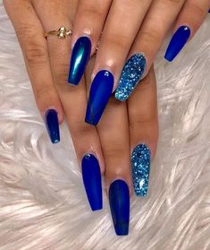 Coffin Nail Designs, Blue Coffin Nails, Nails With Glitter, Fabulous Women, Solid Color Nails, Blue Acrylic Nails, Popular Nails, Acrylic Nail Art, Bridal Nails