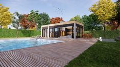 an artist's rendering of a pool house with decking and patio furniture next to it