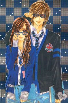 two anime characters are standing next to each other, one is wearing glasses and the other has long hair