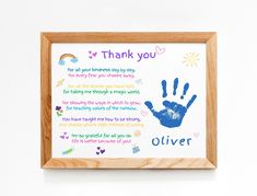 a wooden frame with a handprint on it that says, thank you for all your friends day by day