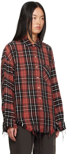 Cotton flannel shirt. Check pattern throughout. · Spread collar · Button closure · Patch pocket · Fringed detailing at hem and cuffs · Shirttail hem · Single-button barrel cuffs Supplier color: Red/Black plaid Boxy Shirt, Red And Black Plaid, Check Shirt, Black Plaid, Cotton Flannel, Check Pattern, Luxury Streetwear, Flannel Shirt, Designer Fashion