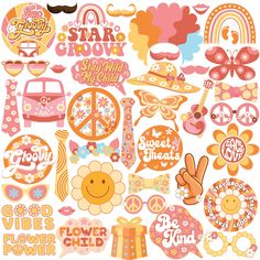 a bunch of stickers that are in the shape of flowers, butterflies and peace signs