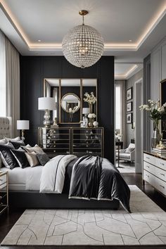 a black and white bedroom with gold accents