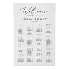 a seating chart for a wedding with the names and date on it in black ink