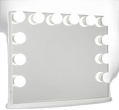 a white lighted vanity mirror with multiple lights on it's sides and an oval pattern around the edges