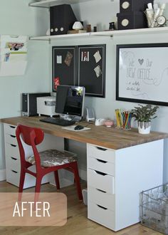 an image of a computer desk in the middle of a room with pictures on it