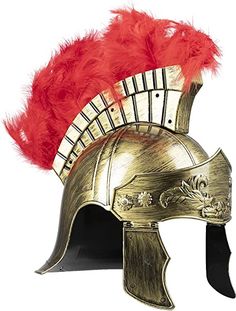 a helmet with red feathers on the top and side, as if it were an old roman soldier's helmet