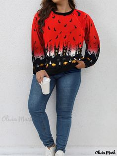 Olivia Mark - Sudadera de Halloween para mujer en talla grande: Castillo & Bat Imprimir Manga Larga Cuello Redondo Pullover Top Red Long Sleeve Top For Halloween, Red Long Sleeve Tops For Halloween, Red Long Sleeve Sweatshirt For Halloween, Bat Print, Plus Size Halloween, Halloween Sweatshirt, Printed Sweater, Olivia Mark, Casual Sweatshirt