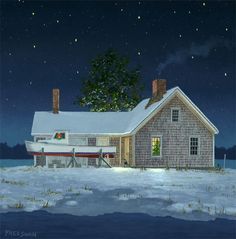 a painting of a house with snow on the ground and stars in the sky above it