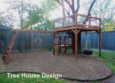 a wooden swing set in the middle of a yard with a play structure and swings