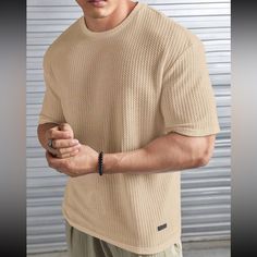 Super Stylish Ships In 5-10 Business Days Tee Shirt Homme, Self Design, Knit Tees, Knitted Tshirt, Patterned Shorts, Sleeve Designs, Waffle Knit, Oversized Tshirt, A Man