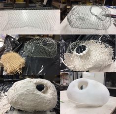 several pictures of various items being made with plastic wrap and chicken wire on the table