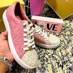 Beautiful Michael Kors Sneakers, Brand New In Pink With Vanilla, Super Comfortable In A Box. Trendy Pink Flat Heel Sneakers, Pink Flat Sneakers With Laces, Trendy Pink Slip-on Sneakers, Pink Leather Sneakers For Spring, Pink Leather Slip-on Sneakers, Pink Leather Sneakers With Flat Heel, Mk Sneakers, Michael Kors Sneakers, Browning Logo