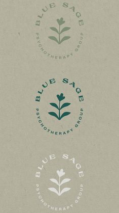 two logos for blue sage and blue sage seed, both with green leaves on them