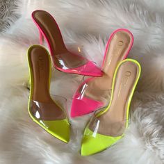 Bran New Never Used Pretty Comfortable Perfect To Make Any Outfit Pop! Trendy Yellow Heels For Party, Trendy Yellow High Heels, Trendy Yellow Pointed Toe Heels, Chic Neon Yellow Pointed Toe Heels, Chic Neon Yellow Heels, Yellow Slides, Neon Yellow, Neon Pink, Pink Yellow