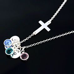 Sterling silver Sideways Cross Necklace, Cross Necklace With Up to 5 family birthstone and/or Initia Silver Cross Jewelry With Birthstone, Silver Birthstone Necklace For Mother's Day Birthday Gift, Sterling Silver Birthstone Necklace For Mother's Day Birthday, Mother's Day Sterling Silver Birthstone Necklace For Birthday, Sterling Silver Cross Necklace With Birthstone, Sterling Silver Birthstone Necklace Gift For Mom Nickel-free, Nickel-free Sterling Silver Birthstone Necklace For Mom, Silver Birthstone Necklace For Birthday And Mother's Day, Silver Name Necklace With Cross Shape