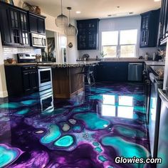 a kitchen with purple and blue marble flooring in the middle of it's floors