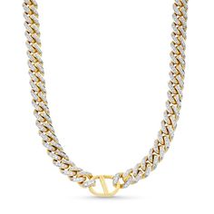 A stunning solid Miami Cuban chain is adorned with brilliant round diamonds in this luxurious necklace. Solid 18K gold Gold weight: 112.03 grams 8.2mm-wide Miami Cuban chain 6-3/8 cts. t.w. of handset diamonds, each with a color of G and clarity of SI2 The 22.0-inch necklace secures with a custom clasp Luxurious designs crafted in Italy Luxury Gold Chain Necklace With Cubic Zirconia, Yellow Gold Chain Link Necklace With Cubic Zirconia, Luxury Yellow Gold Necklace With Curb Chain, Gold Cubic Zirconia Diamond Necklace With Chain Link, Formal Round Diamond Necklace With Gold Chain, Formal Diamond Necklace With Gold Chain, Yellow Gold Cuban Link Necklace With Cubic Zirconia, Diamond Cuban Link Necklace With Gold Chain, Luxury Gold Diamond Necklace With Chain