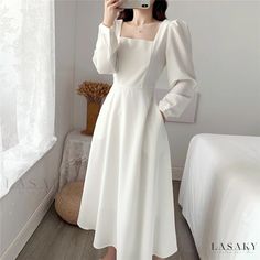 Lasaky - Classic Black Long-Sleeve Knee-Length Dress with Square Neckline - Fashionable and Timeless White Long Sleeve Solid Color Midi Dress, White Square Neck Midi Dress For Fall, White Long Sleeve Plain Dress, Black Long Sleeve Midi Dress, Dress With Square Neckline, Long Sleeve Shift Dress, Knee Dress, Sleeve Midi Dress, Long Sleeve Midi