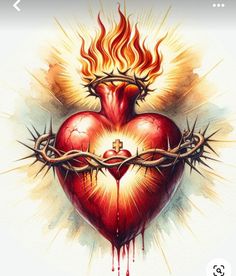 a painting of a heart with flames and barbed wire on it's sides, in the shape of a crown