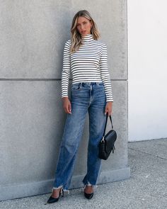 This Cream and Black Striped Turtleneck is a versatile addition to any wardrobe. With its long sleeves and soft, stretchy material, it offers both style and comfort. The classic cream and black stripes add a touch of sophistication to any outfit. Perfect for any fall occasion, and is great for layering! Simply style it with your favorite jeans along with some ankle booties and a matching crossbody bag for an elevated chic look! Turtle Neck Winter Outfit, Striped Turtleneck Outfit, Sorority Rush Outfits, Rush Outfits, Turtleneck Outfit, Gameday Dress, Casual White Dress, Striped Turtleneck, Game Dresses