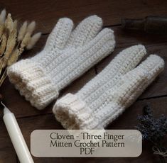 two crocheted mittens sitting on top of a wooden table next to a plant