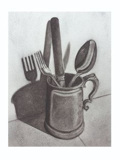 pencil drawing of utensils and spoons in a mug