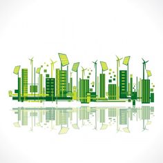 green city with windmills and buildings reflected in the water, on a white background