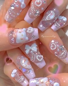 Pink Hello Kitty Nails, Kitty Nails, Retro Nails, Gel Nails Diy, Grunge Nails, Summery Nails, Really Cute Nails, Pink Hello Kitty