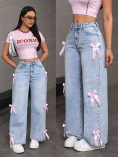 Women's & Men's Clothing, Shop Online Fashion | SHEIN Clothes For Women Shein, Pink And Blue Outfits For Women, Upcycle Clothes Jeans, Loose Outfits For Women, Pink And Blue Outfits, Cute Shein Outfits, Girly Jeans, Cute Trousers, Bow Pants