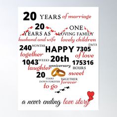 a poster with the words 20th anniversary written in red and black on it, along with two pre - wedding rings