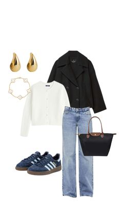 jean bleu,veste stradivarius noir,gilet blanc,spécial bleu marine,sec longchamp,bijoux Ootd