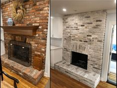 two pictures of a brick fireplace in a living room