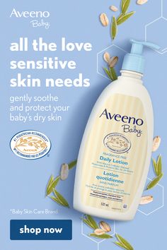 an ad for aveeno baby lotion with almonds on the side and blue background