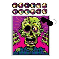 a sticker with an image of a zombie face and many other items around it