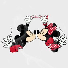 mickey and minnie kissing each other with the word love spelled in red on their heads