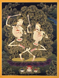 an image of two skeletons dancing in front of a tree with leaves and flowers on it