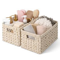 two wicker baskets filled with different types of personal care items and cleaning products on a white background