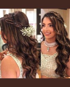 Sangeet Open Hairstyles For Bride, Front Open Hairstyles Indian, Reception Bride Hairstyle For Gown, Reception Open Hairstyles Indian, Sangeet Hair Styles For Bride, Hairdo For Reception Indian, Open Hairstyles On Saree Wedding, Gowns Hairstyles Indian, Sangeet Hairstyles For Bride On Gown