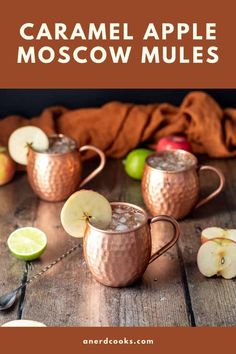 caramel apple moscow mules on a wooden table