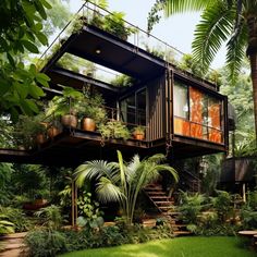 the house is surrounded by trees and plants