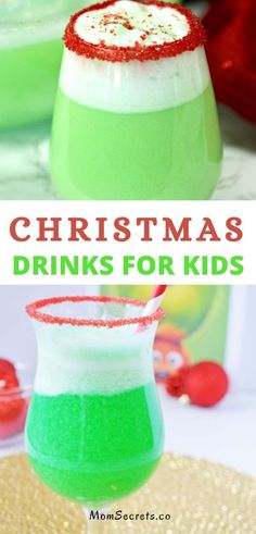 christmas drinks for kids that are green, red and white with the text overlay