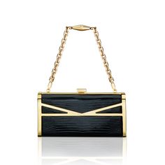 STALVEY Square Clutch in Black Lizard with 24kt Gold Hardware Front View with Chain Black Lizard, Lizard Skin, Custom Top, Nature Ring, Metal Accents, 24kt Gold, The Square, Dyeing Process, Evening Clutch