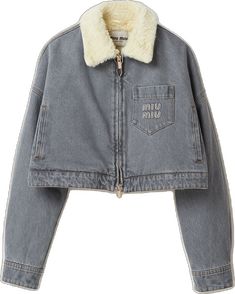 Miu Miu Long-sleeved Outerwear With Pockets, Miu Miu Long Sleeve Outerwear With Pockets, Grey Denim Jacket, Blouson Jacket, Boucle Jacket, Jeans Casual, Van Cleef Arpels, Embroidered Denim, Grey Denim