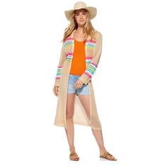 Layer Your Look With Scoop’s Long Sleeve Cardigan Featuring An Open Knit Finish And Colorful Contrast Stripes To Complement Your Warm-Weather Style. Approx. Model Measurements: Height: 5’10”, Waist: 26”, Bust: 33”, Hips: 36” Model Is Wearing A Size S Attached Hood Open Front Long Sleeves Beige Casual Sweater For Beach, Casual Beige Beach Sweater, Trendy Beige Sweater For The Beach, Trendy Beige Beach Sweater, Spring Beach Beige Cardigan, Casual Cream Cardigan For The Beach, Cream Long Sleeve Outerwear For Vacation, Casual Beige Cardigan For The Beach, Casual Beige Cardigan For Beach