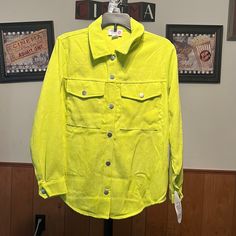 Neon Green Corduroy Jacket, Snap Buttons Two Front Pockets 2 Sizes Available Casual Yellow Outerwear For School, School Tops With Pockets For Spring, Spring School Tops With Pockets, Tops With Pockets For School In Spring, Spring Tops With Pockets For School, Maroon Long Sleeve Dress, Corduroy Button-up Outerwear With Pockets, Purple Button-up Outerwear With Pockets, Orange Button-up Outerwear With Pockets