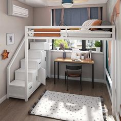 there is a loft bed with stairs and desk in the room that also has an office