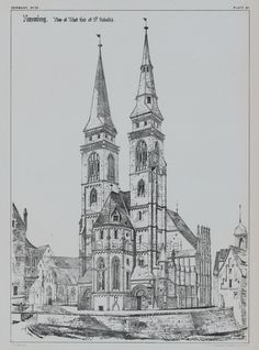 a drawing of an old church with steeples